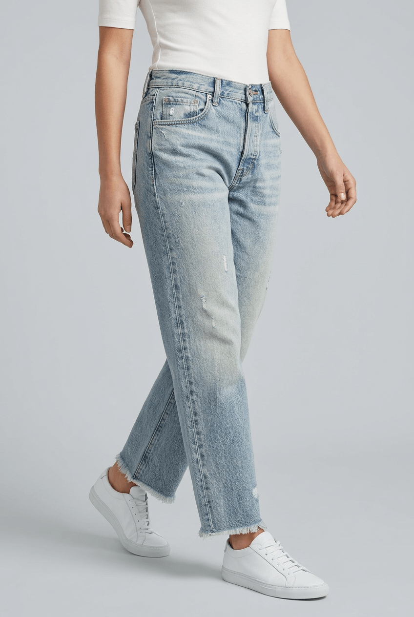 Women's High Waist Straight Leg Jeans | Distressed & Frayed Hem