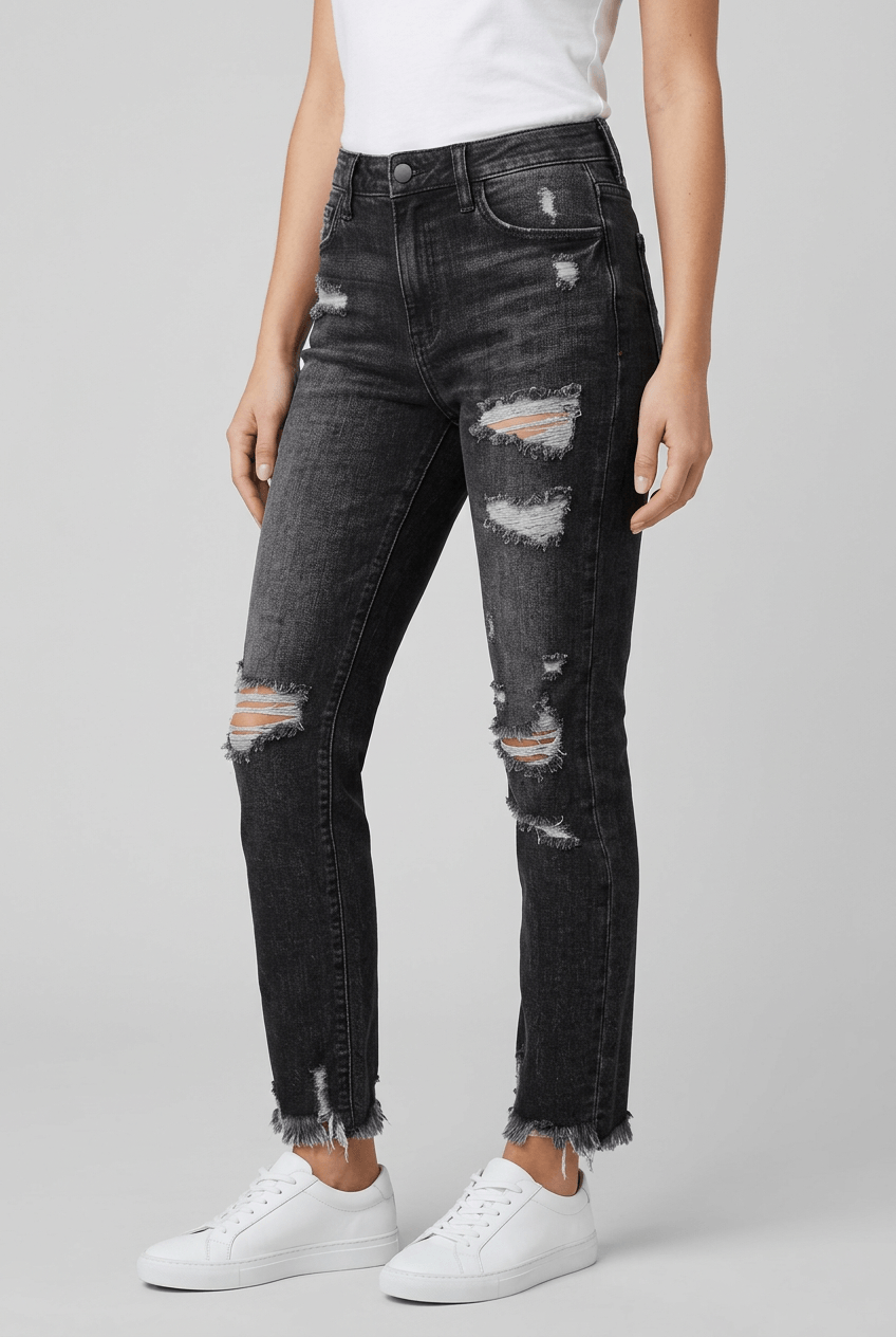Women's High Waist Straight Leg Jeans | Distressed & Frayed Hem