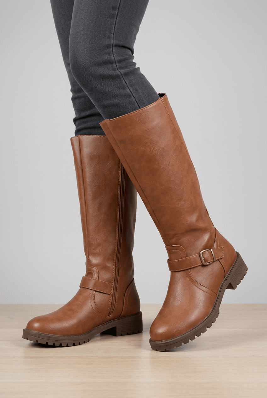 Women's Knee High Boots | Buckle Strap & Side Zip