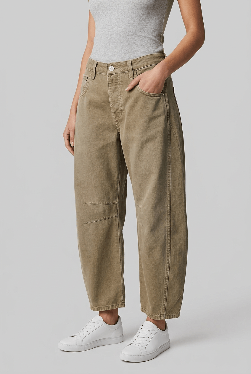 Women's High Waist Barrel Leg Jeans | Knee Stitch Detail
