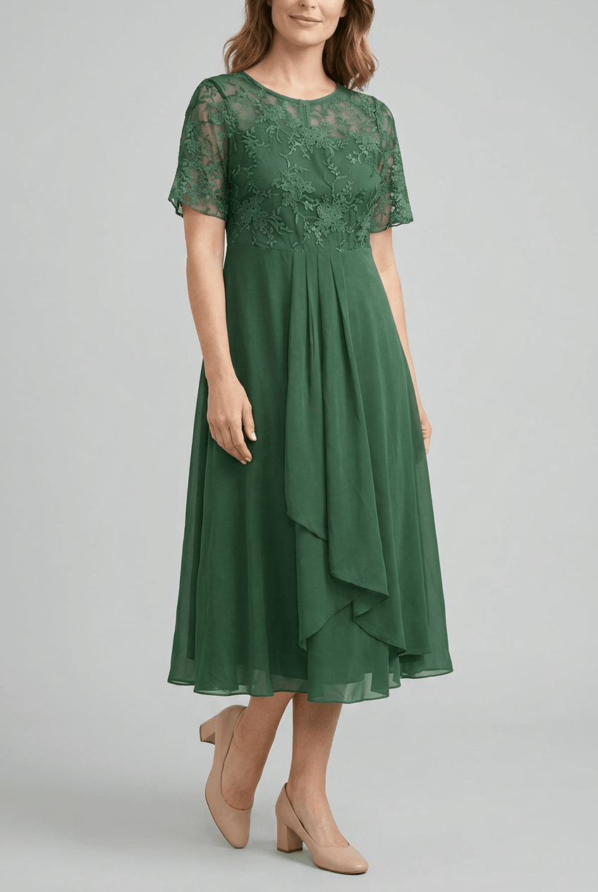 Women's Wedding Guest Dress Midi | Embroidered Illusion Bodice & Cascade Skirt