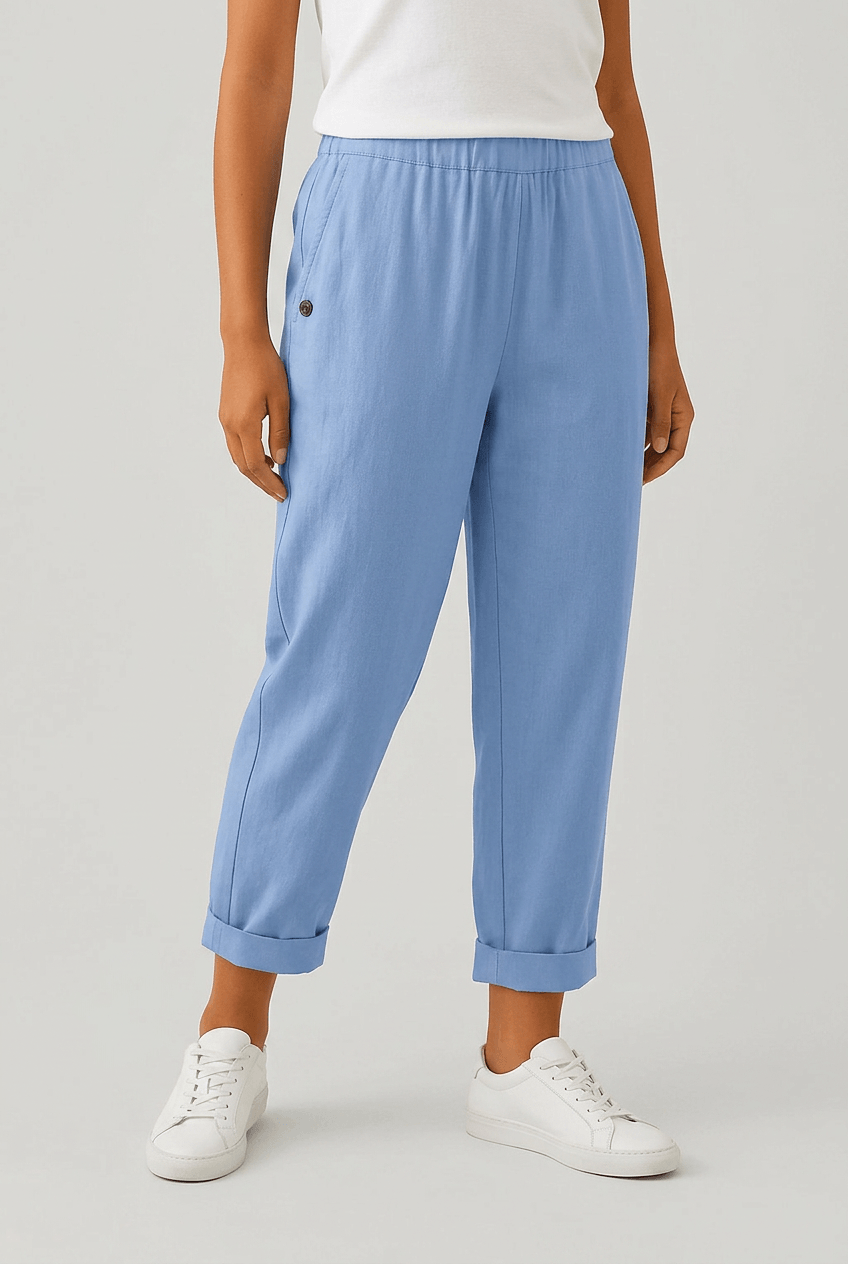 Women's Cropped Trousers | Elasticated Waist, Turn-Up Hem & Side Pocket