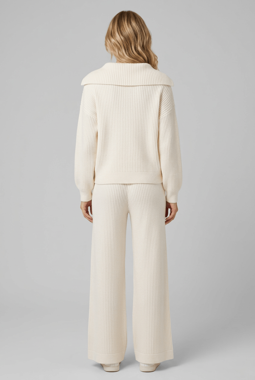 Women's Knitted Loungewear Set | Collared Cardigan & Wide Leg Trousers
