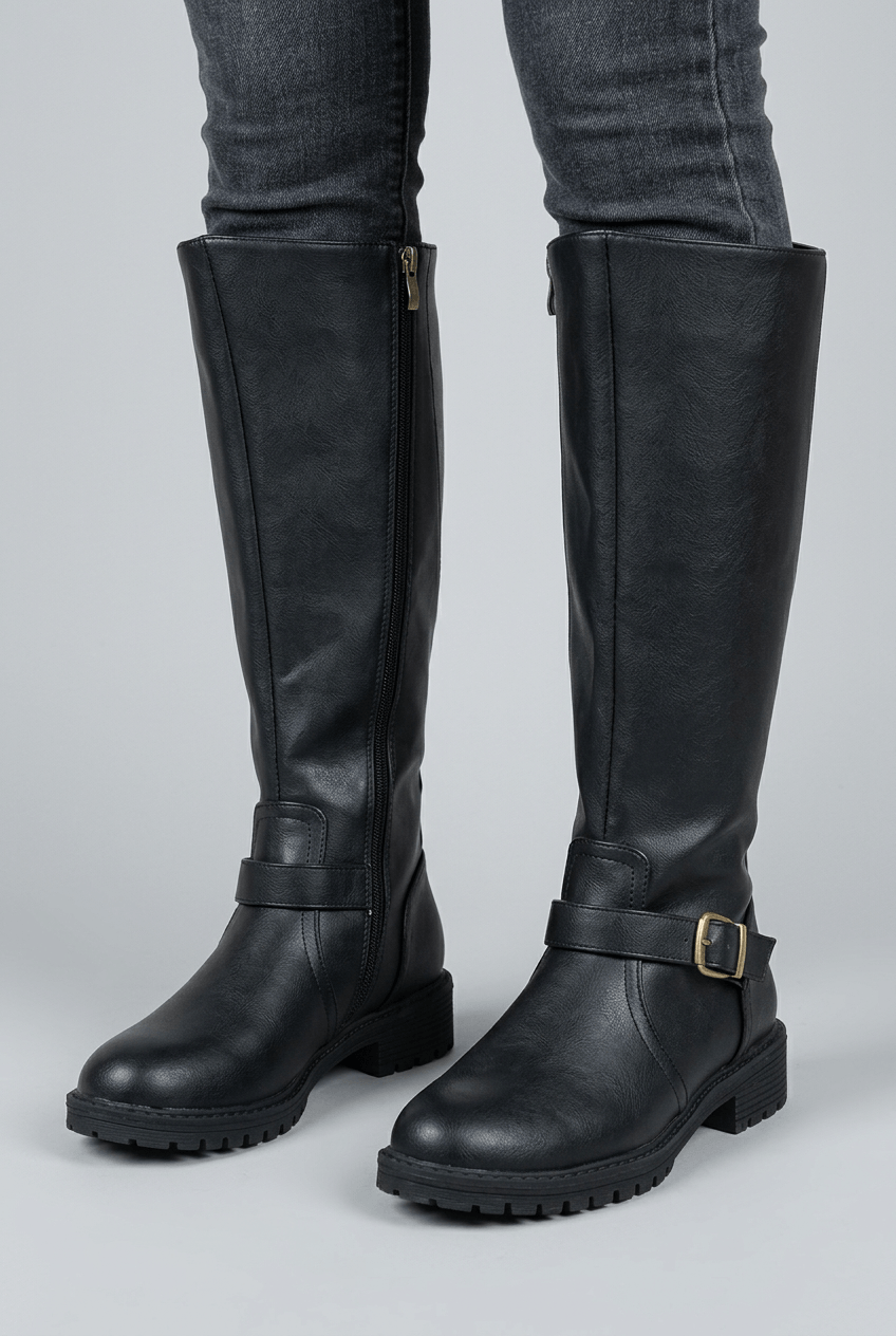 Women's Knee High Boots | Low Block Heel & Buckle Detail