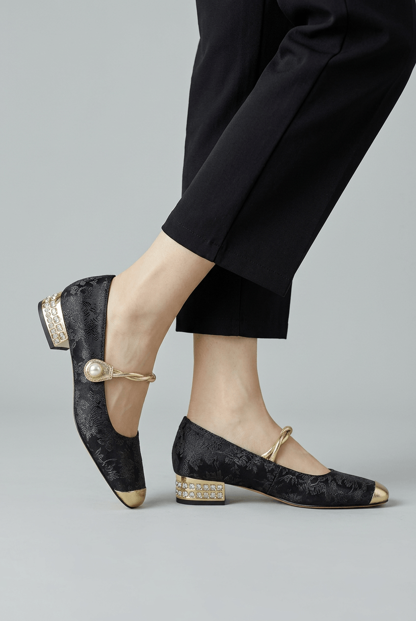 Women's Mary Jane Shoes | Embellished Heel & Gold Cap Toe