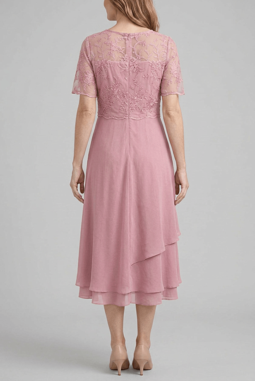 Women's Wedding Guest Dress Midi | Embroidered Illusion Bodice & Cascade Skirt