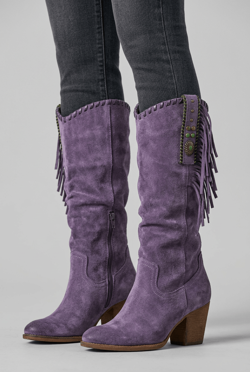 Women's Knee High Fringe Boots | Studded Block Heel