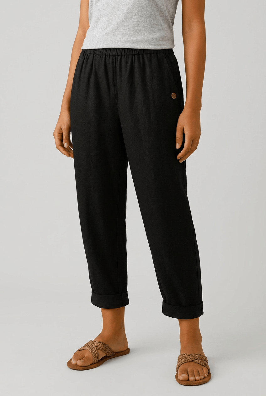 Women's Cropped Trousers | Elasticated Waist, Turn-Up Hem & Side Pocket