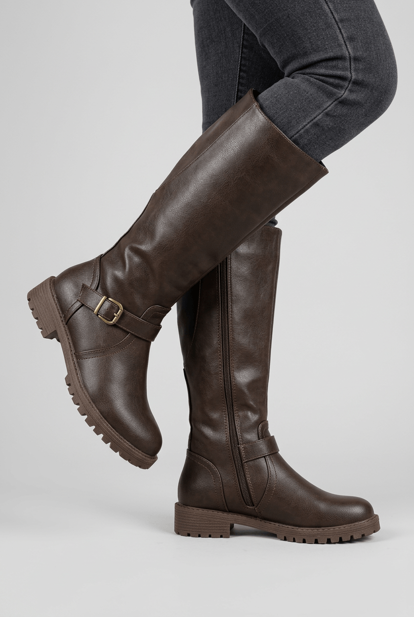 Women's Knee High Boots | Buckle Strap & Side Zip