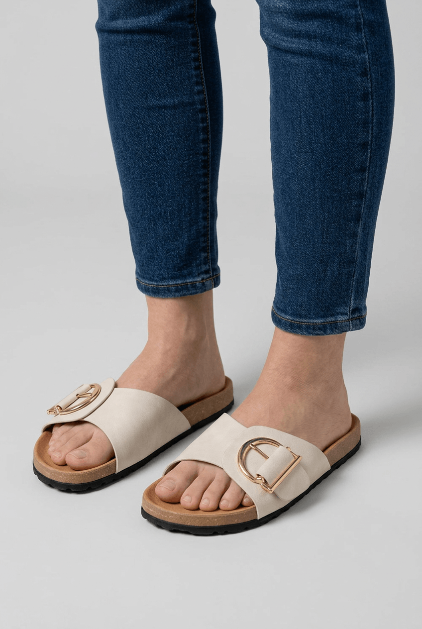Women's Slides | Gold Buckle & Cork Sole