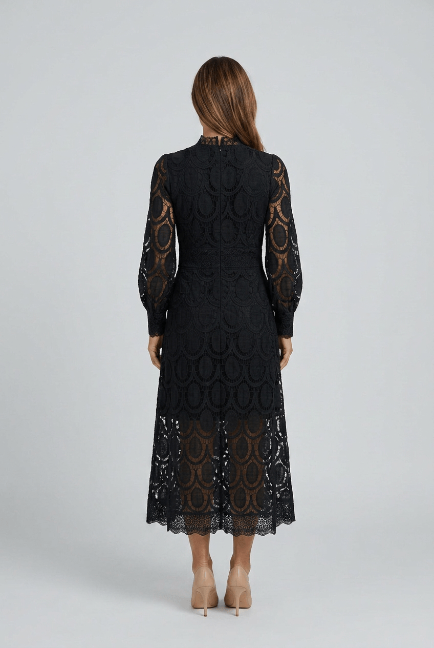 Women's Wedding Guest Dress Midi | Lace with Mock Neck & Long Sleeves