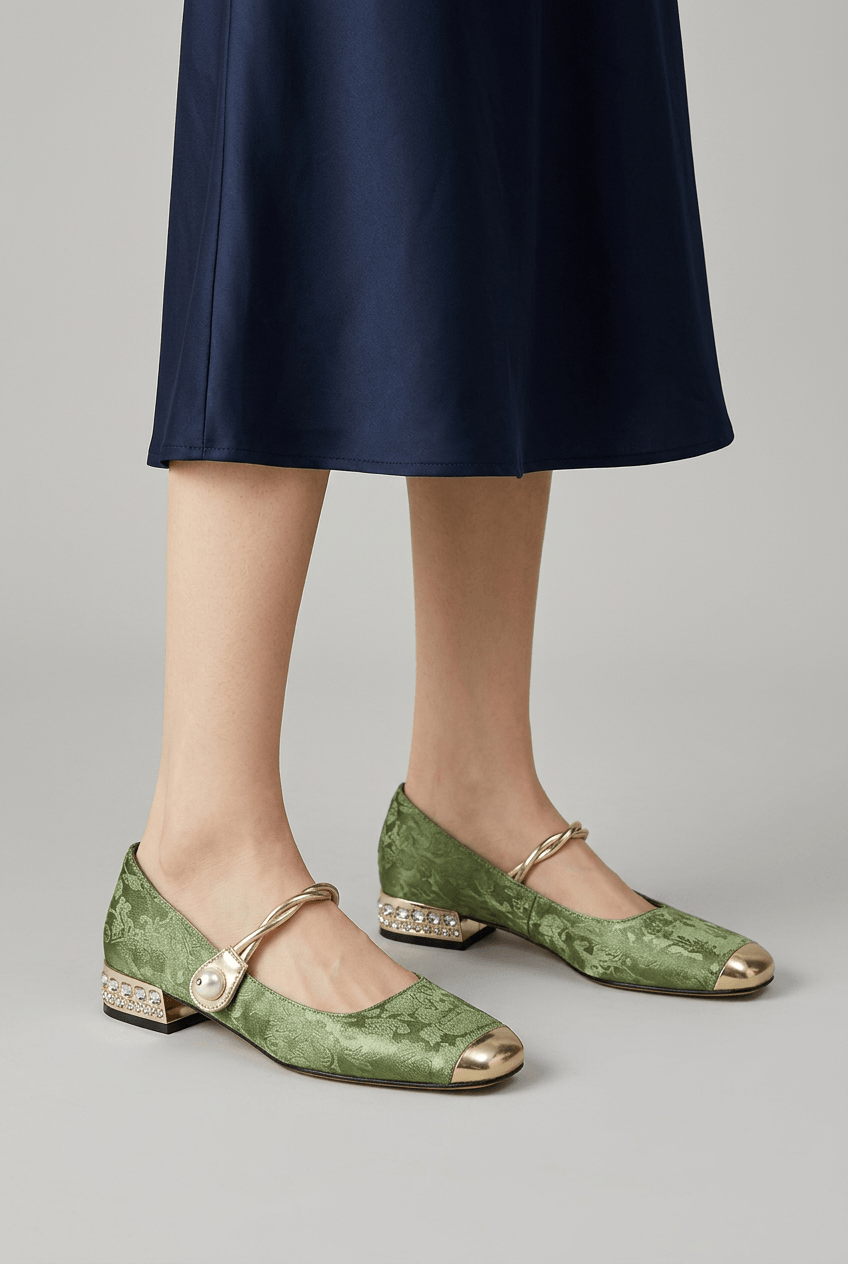 Women's Mary Jane Shoes | Embellished Heel & Gold Cap Toe
