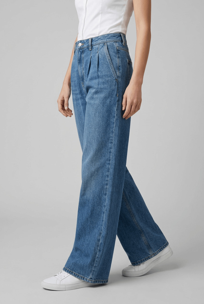 Women's Pleated Wide Leg Jeans | Tailored High Waist