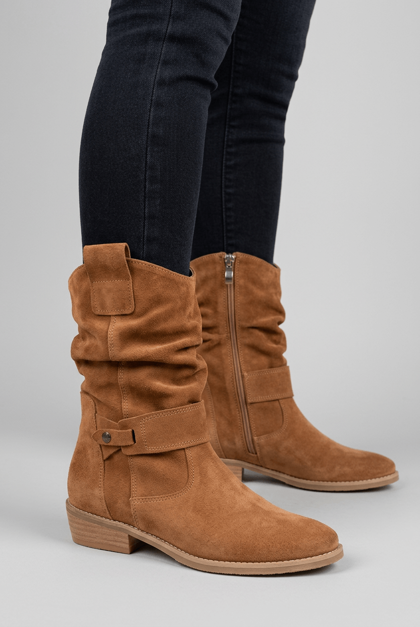 Women's Suède Slouch Mid-Calf Boots | Low Block Heel & Side Zip