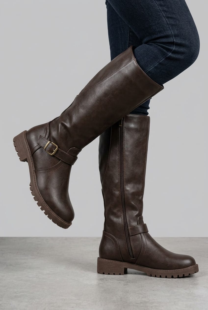 Women's Knee High Boots | Low Block Heel & Buckle Detail