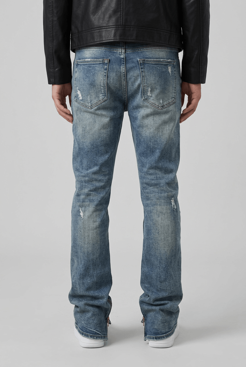 Men's Distressed Straight-Leg Jeans | Ripped Knee & Leg Zip