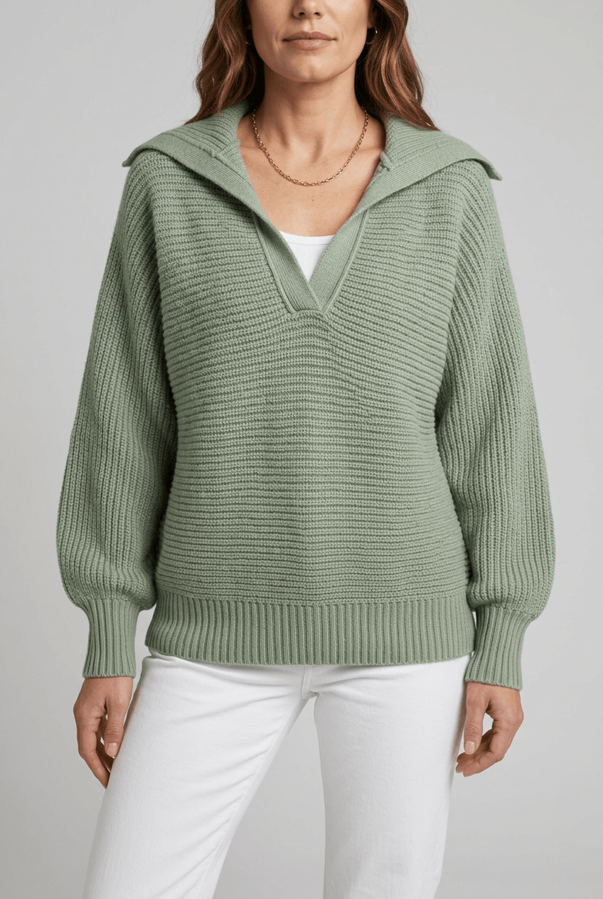 Women's Collared Knitted Jumper | V-Neck & Balloon Sleeves