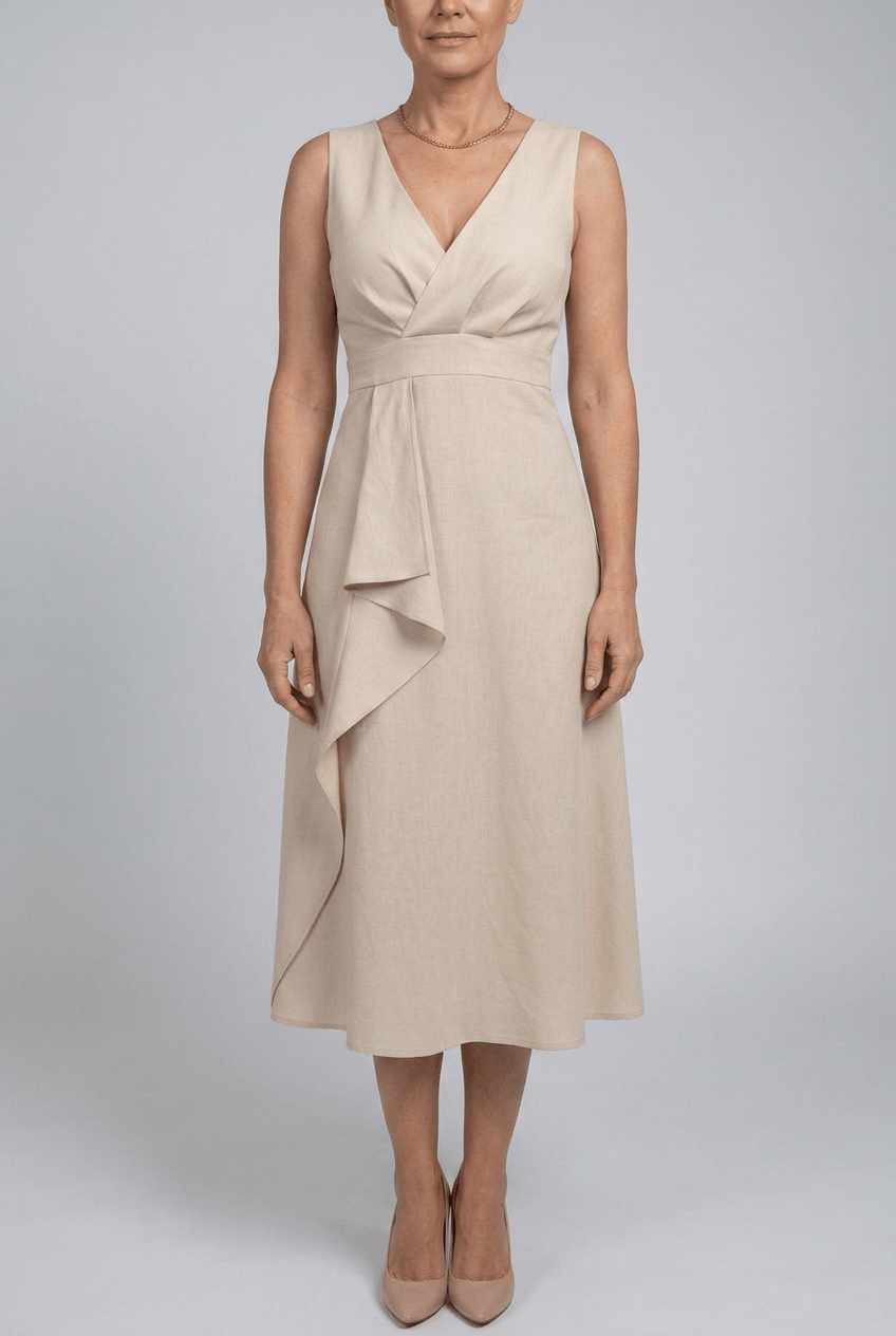 Women's Wedding Guest Dress Midi | V-Neck, Cascade Ruffle & Sleeveless