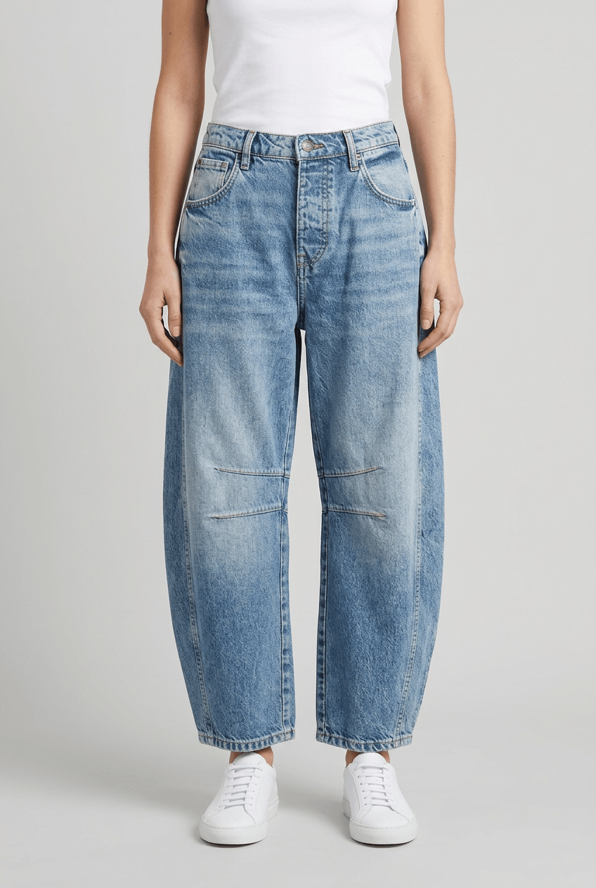 Women's High Waist Barrel Leg Jeans | Knee Stitch Detail