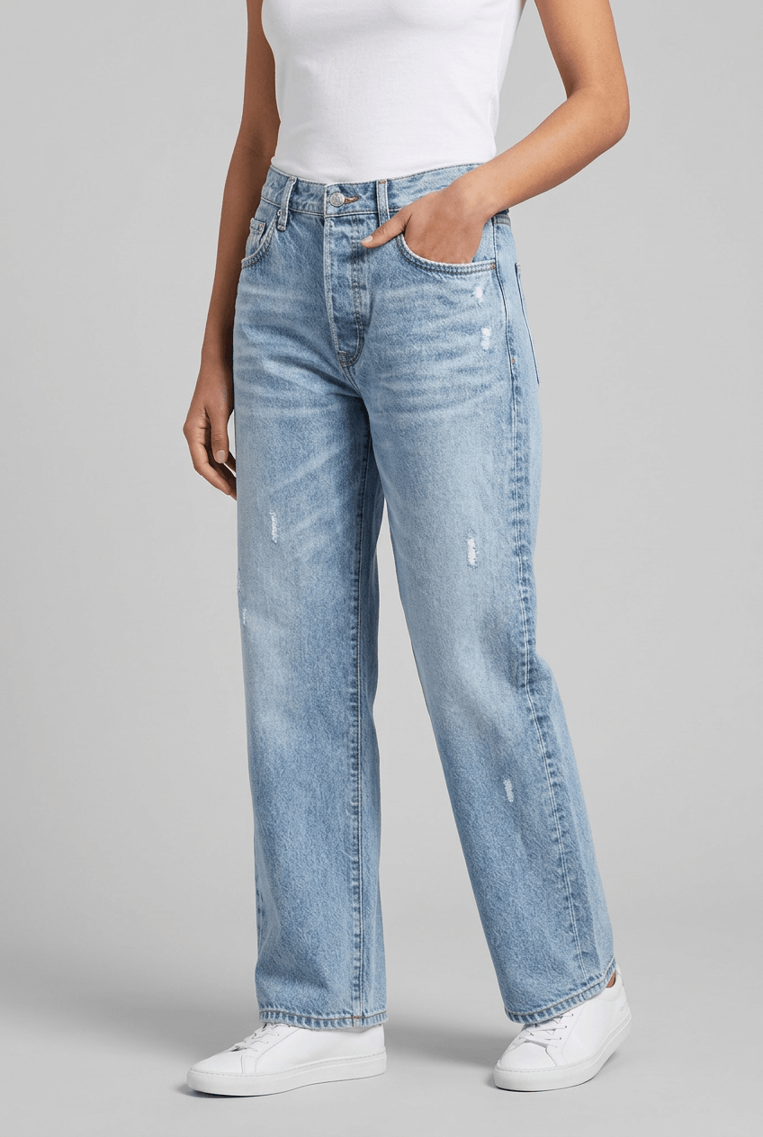 Women's High Waist Straight Leg Jeans | Distressed & Frayed Hem