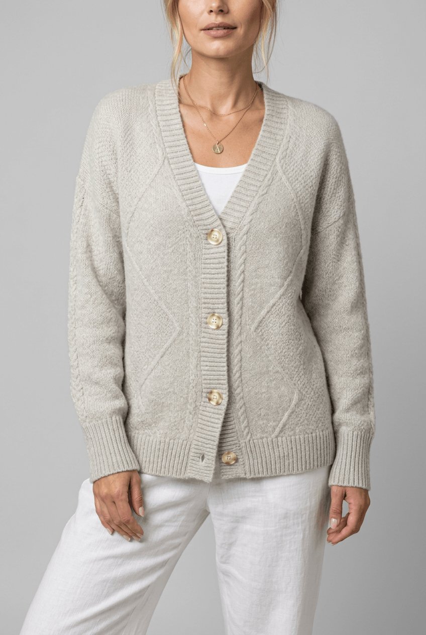 Woman's V-Neck Button-Front Cardigan | Cable Knit