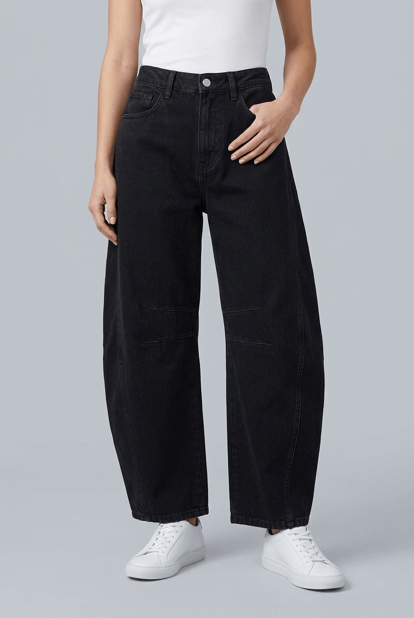 Women's High Waist Barrel Leg Jeans | Knee Stitch Detail
