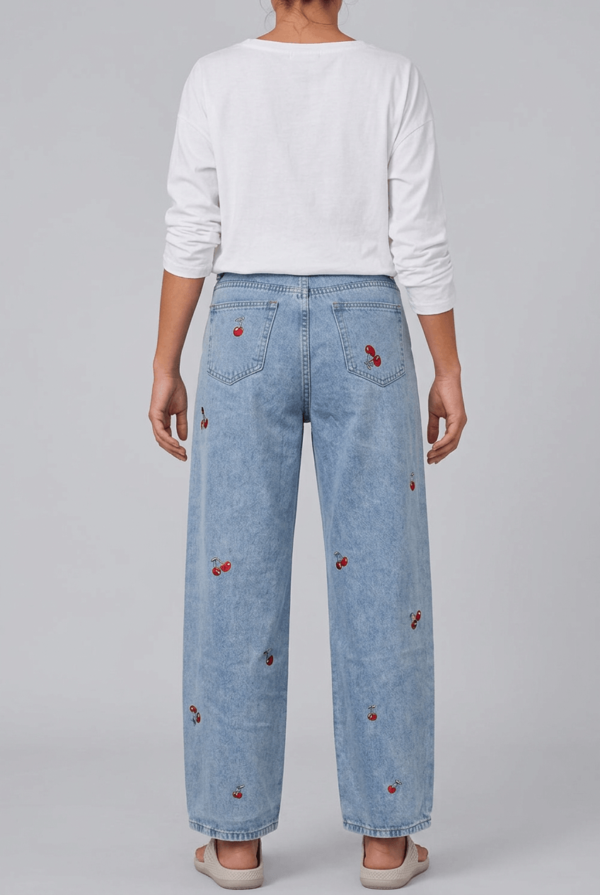 Women's Wide Leg Jeans | Cherry Embroidery