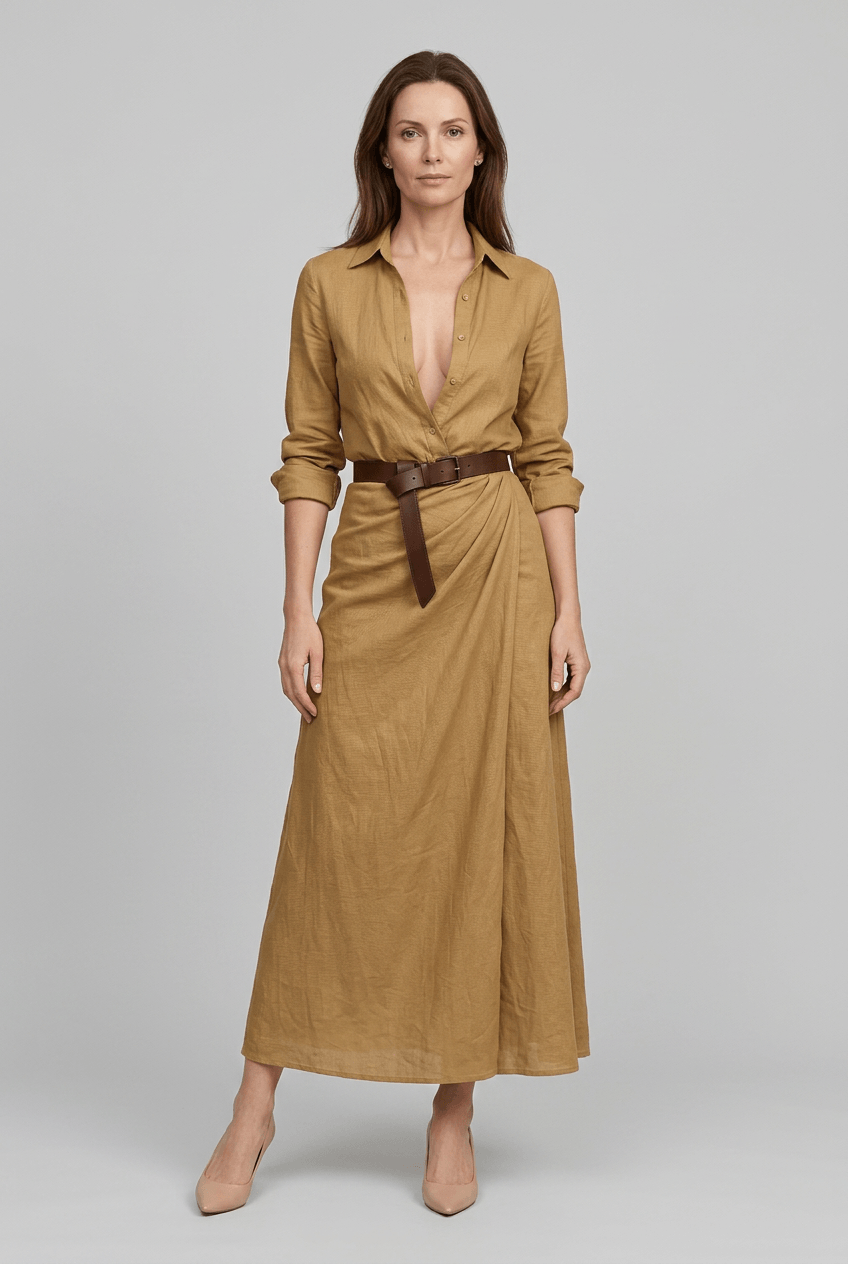 Women's Maxi Shirt Dress | Deep V-Neck & Draped Wrap Skirt