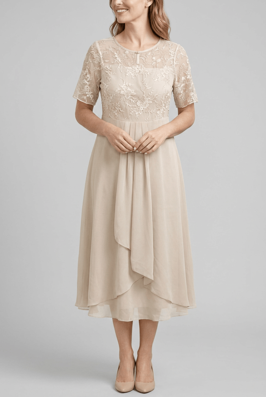 Women's Wedding Guest Dress Midi | Embroidered Illusion Bodice & Cascade Skirt