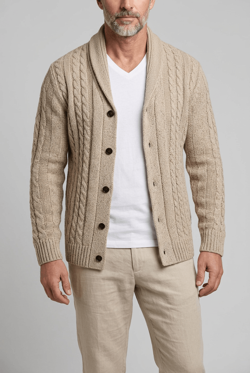 Men's Cable Knit Cardigan | Shawl Collar & Button Front