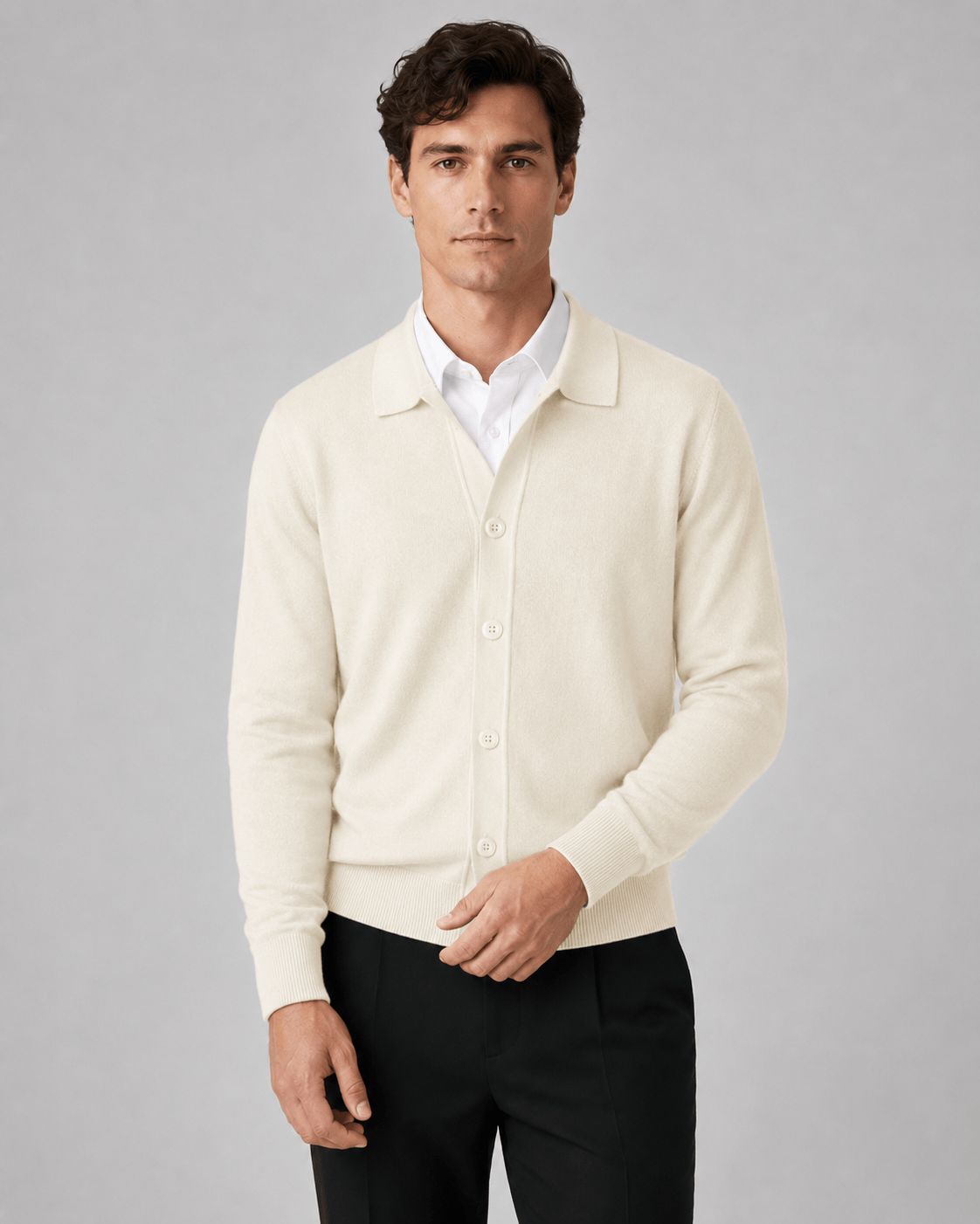 Collared Button Front Cardigan for Man with Classic Fit and Ribbed Cuffs