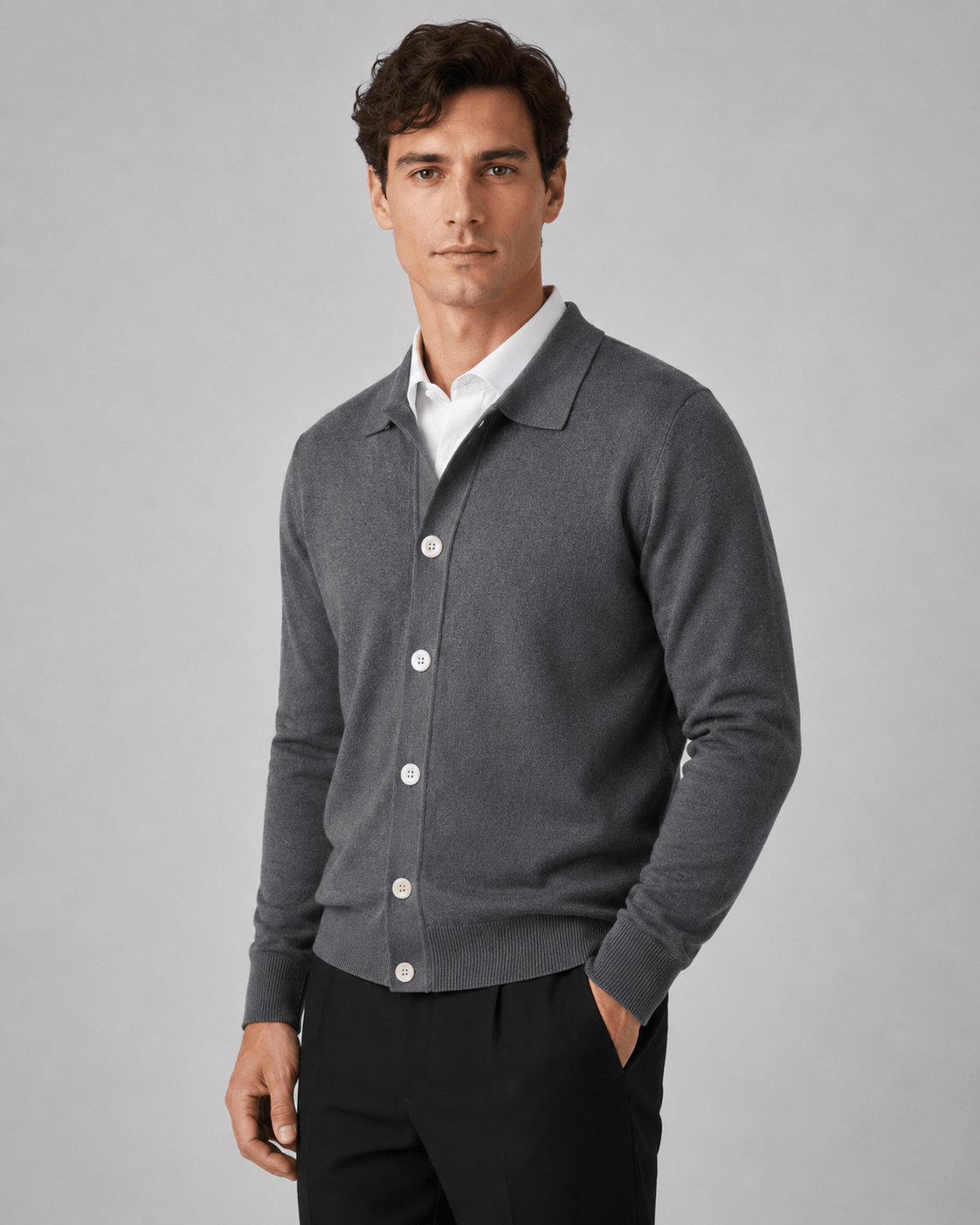 Collared Button Front Cardigan for Man with Classic Fit and Ribbed Cuffs