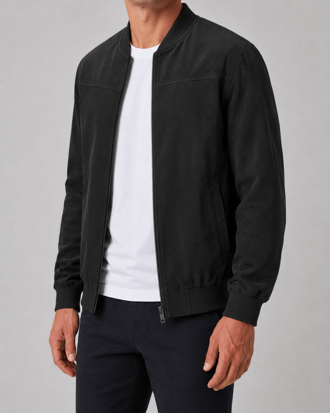 Men's Bomber Jacket with Full Zip Fastening and Ribbed Collar, Cuffs and Hem