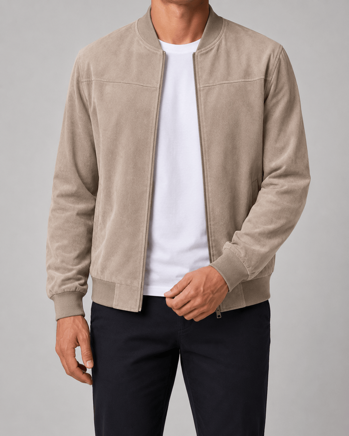 Men's Bomber Jacket with Full Zip Fastening and Ribbed Collar, Cuffs and Hem
