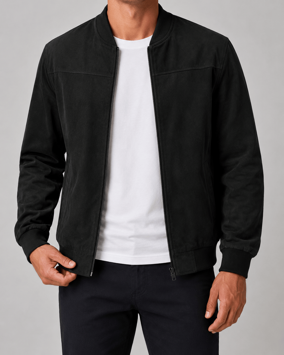 Men's Bomber Jacket with Full Zip Fastening and Ribbed Collar, Cuffs and Hem