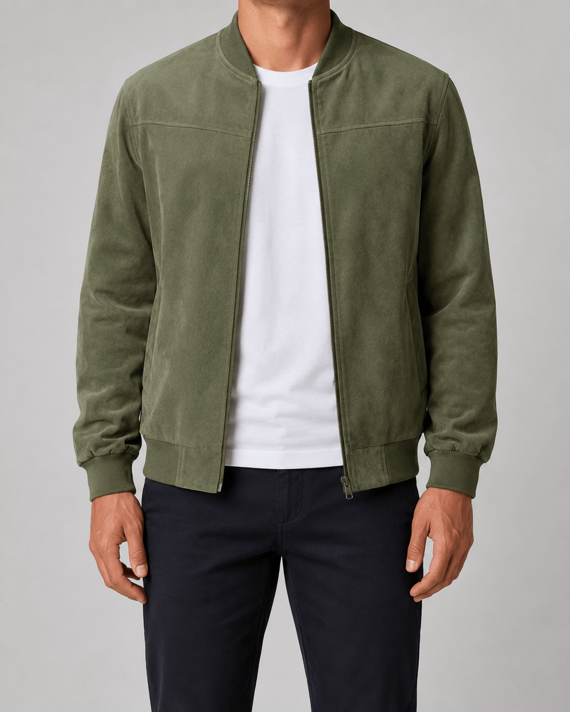 Men's Bomber Jacket with Full Zip Fastening and Ribbed Collar, Cuffs and Hem