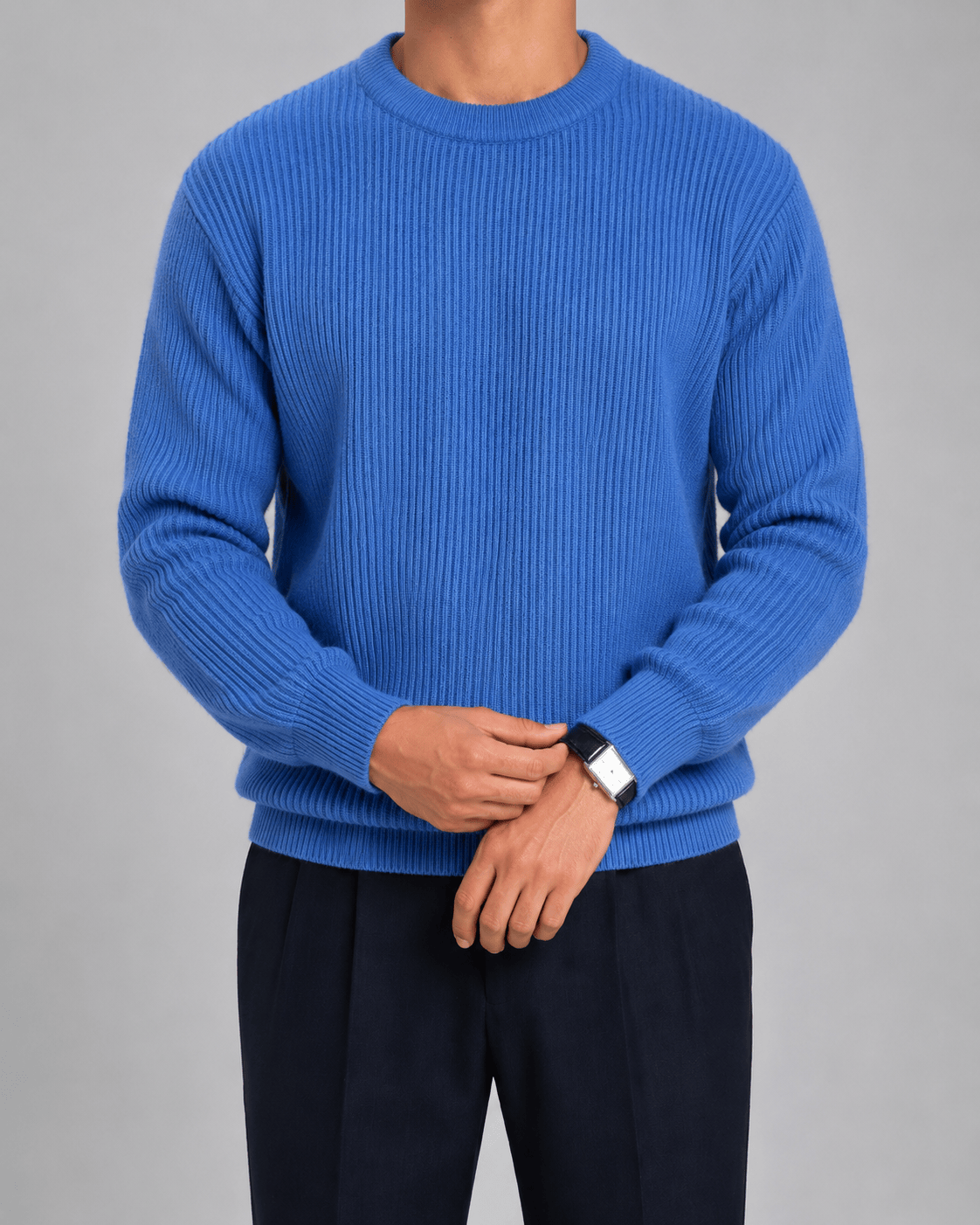 Relaxed Fit Crewneck Jumper for Man with Ribbed Cuffs and Dropped Shoulders