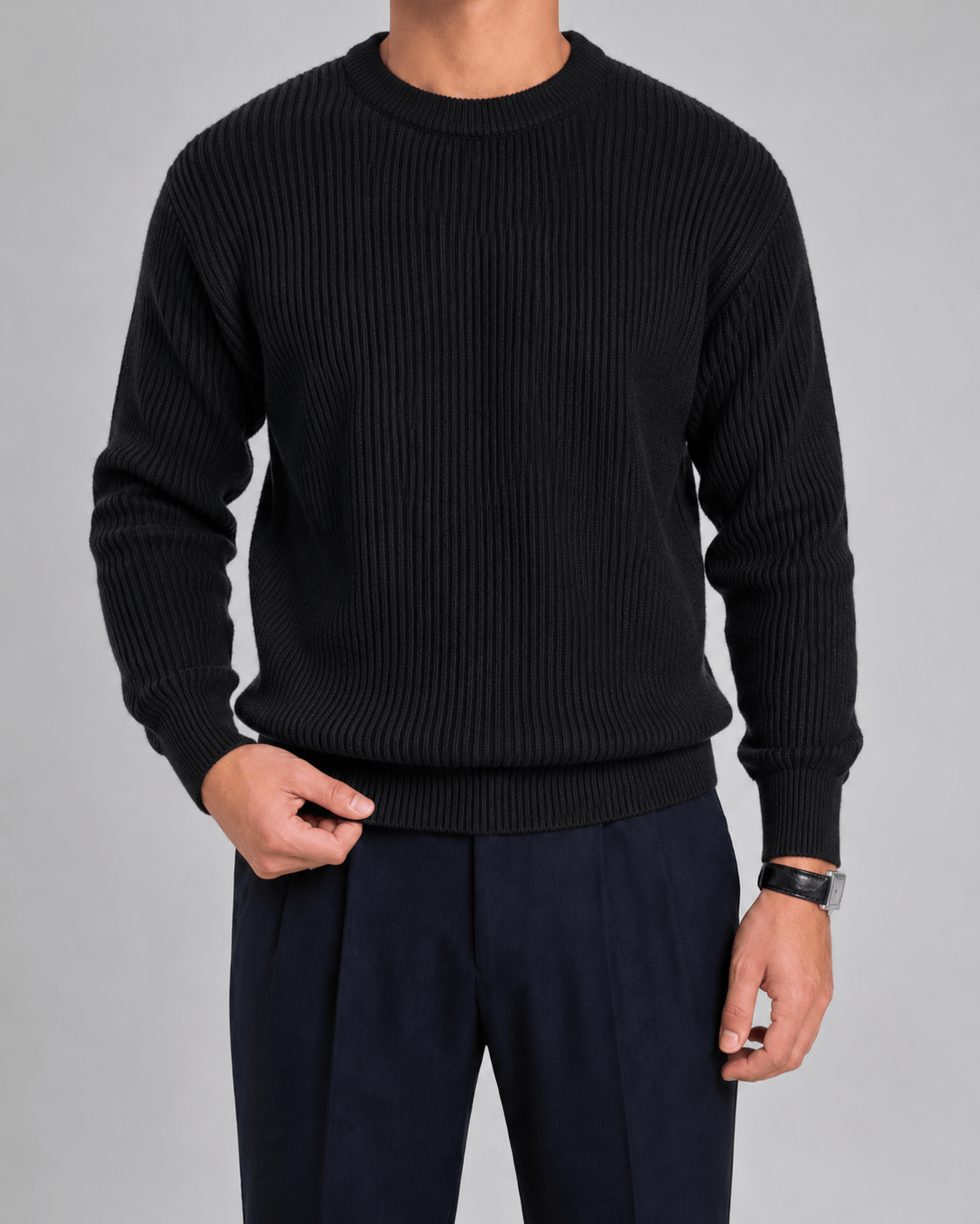 Relaxed Fit Crewneck Jumper for Man with Ribbed Cuffs and Dropped Shoulders
