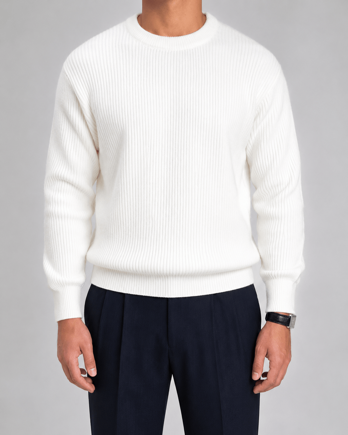 Relaxed Fit Crewneck Jumper for Man with Ribbed Cuffs and Dropped Shoulders