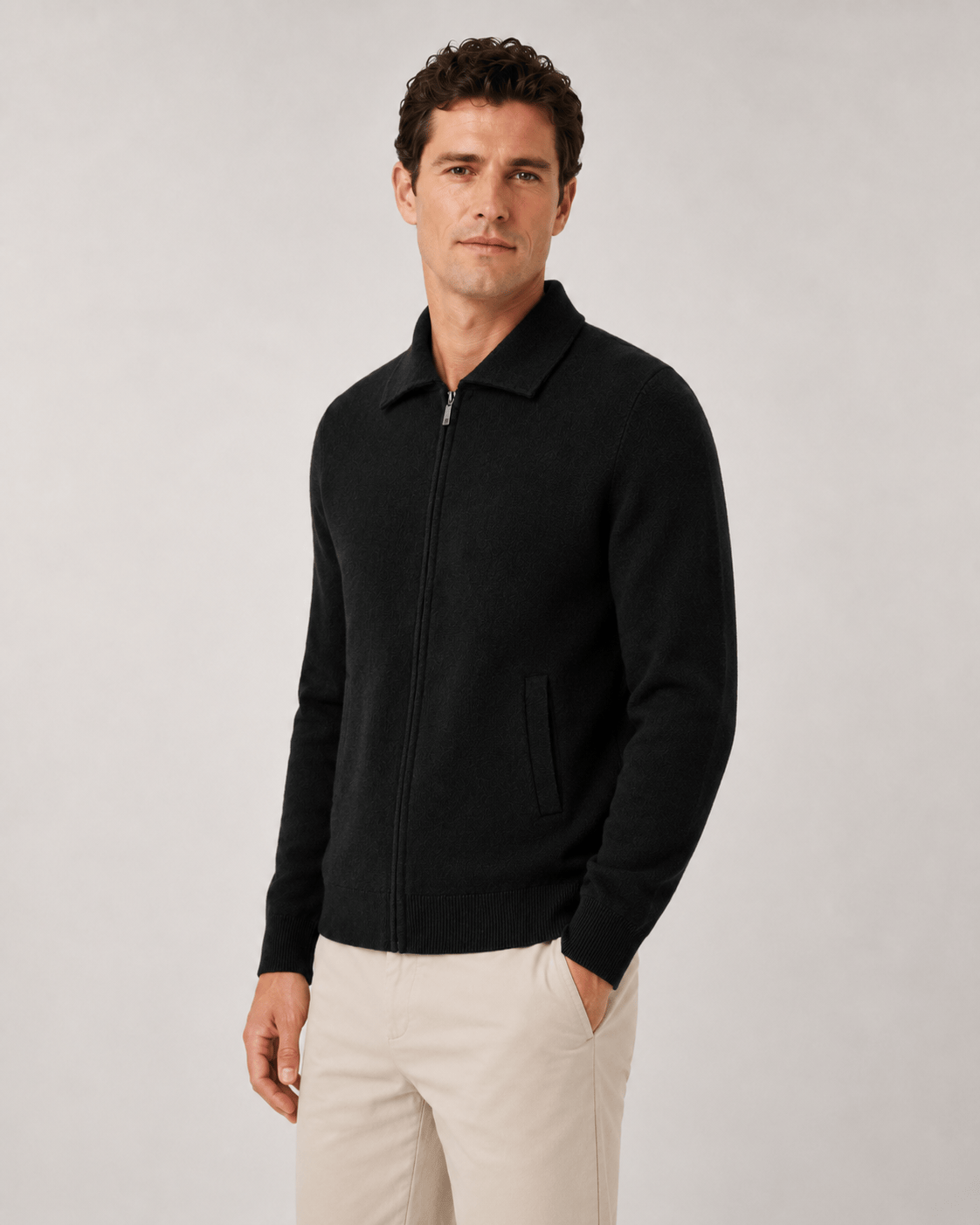 Men's Quarter Zip Cardigan with Point Collar and Ribbed Cuffs