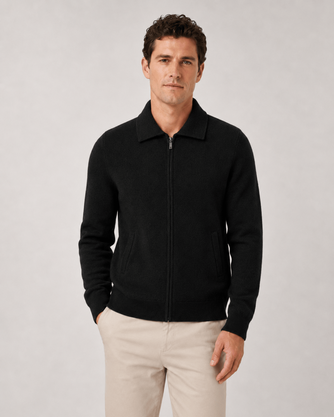 Men's Quarter Zip Cardigan with Point Collar and Ribbed Cuffs