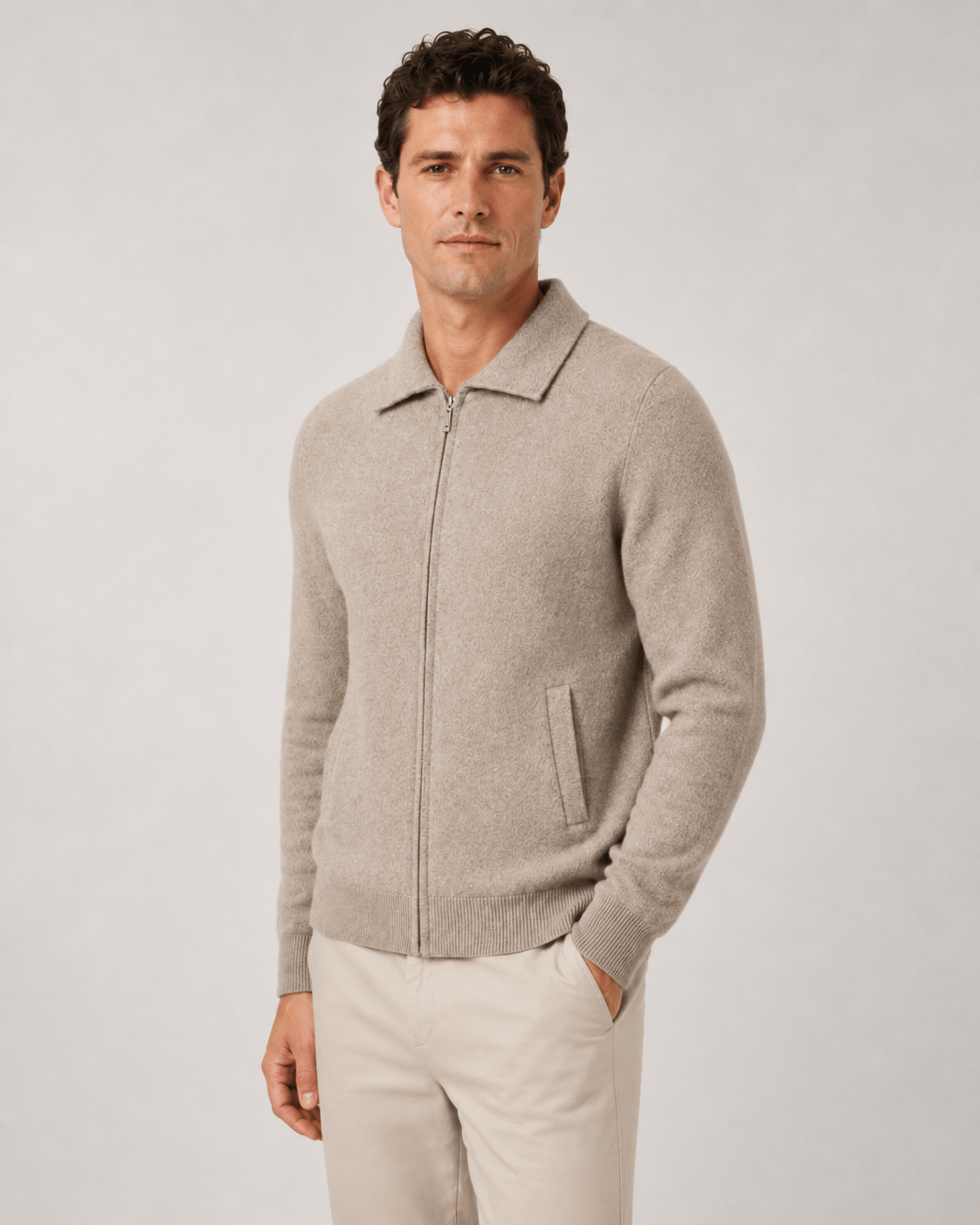 Men's Quarter Zip Cardigan with Point Collar and Ribbed Cuffs