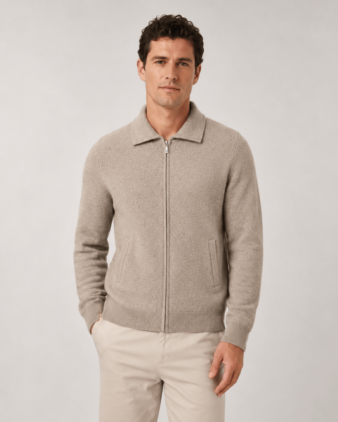 Men's Quarter Zip Cardigan with Point Collar and Ribbed Cuffs