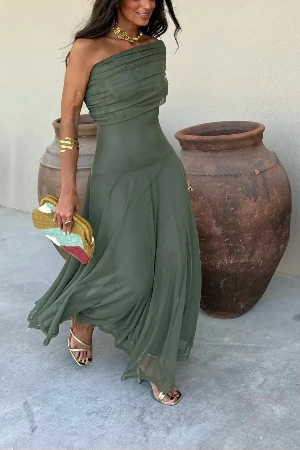 Women's Pleated One Shoulder Dress | Maxi