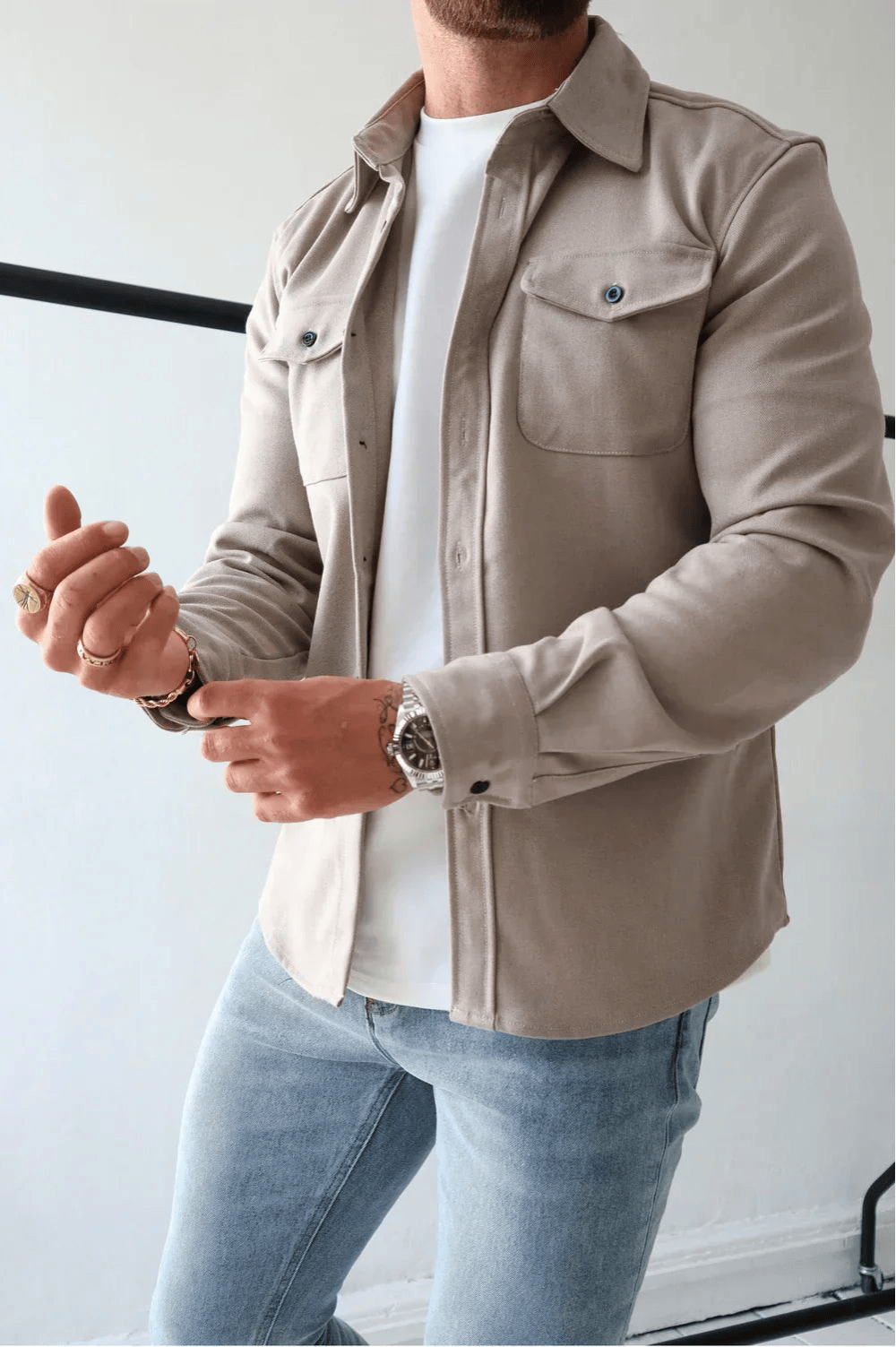 Men's Button Down Shirt Jacket | Double Pocket