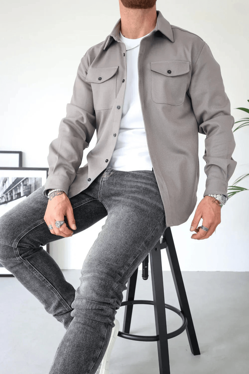 Men's Button Down Shirt Jacket | Double Pocket