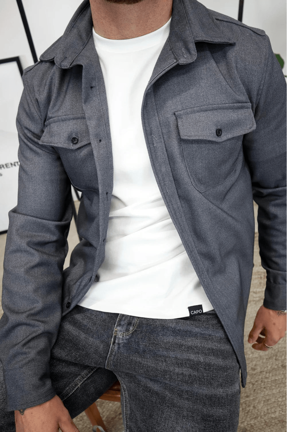 Men's Button Down Shirt Jacket | Double Pocket