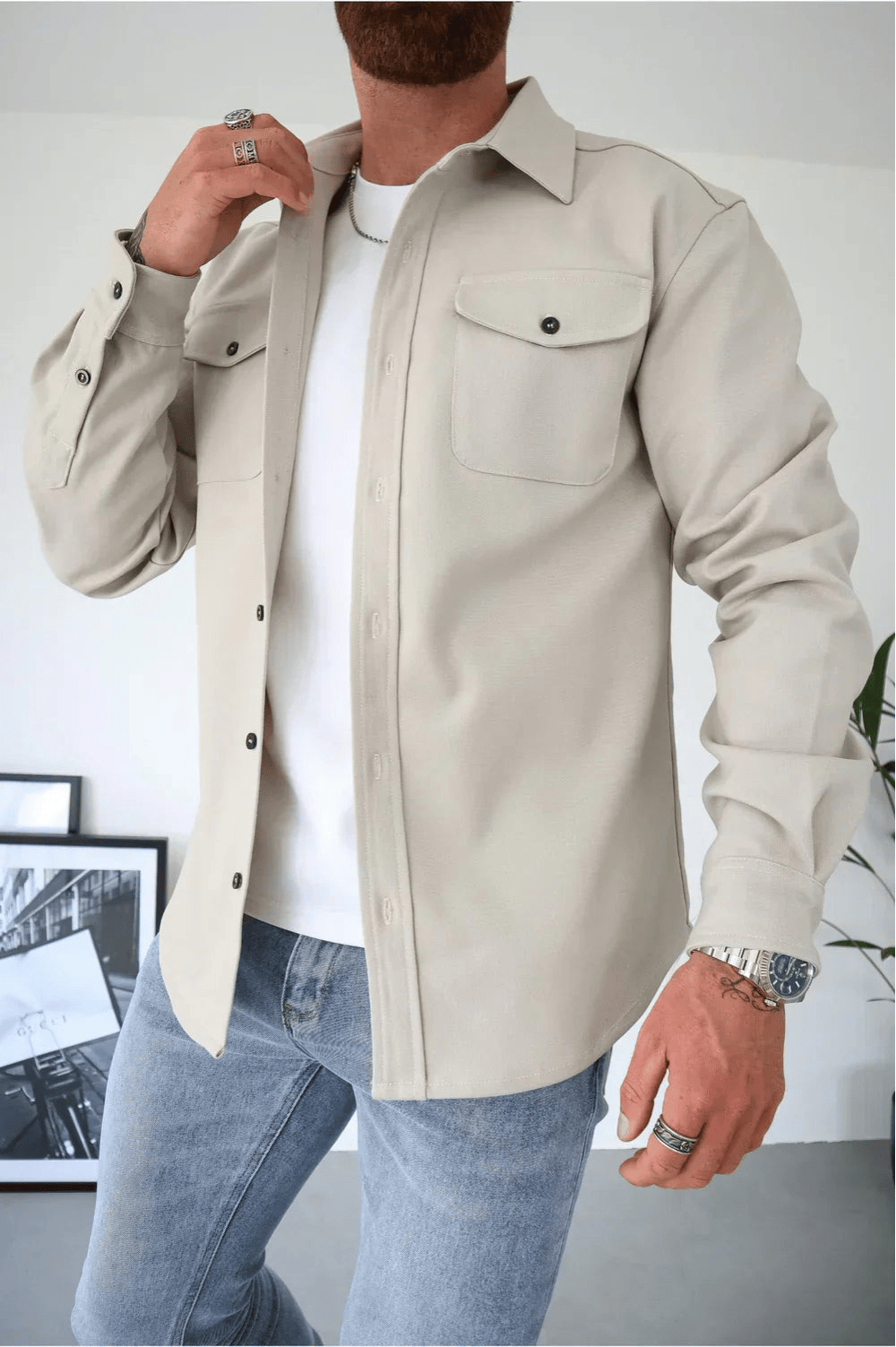 Men's Button Down Shirt Jacket | Double Pocket