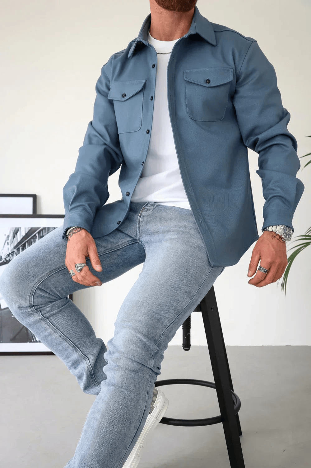 Men's Button Down Shirt Jacket | Double Pocket