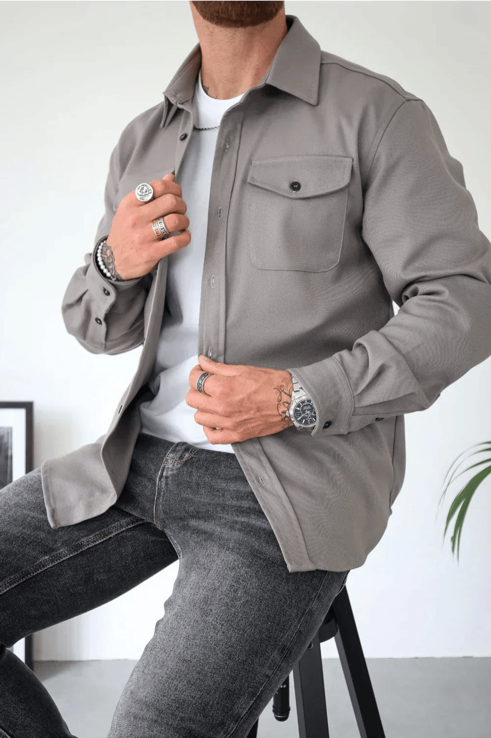 Men's Button Down Shirt Jacket | Double Pocket